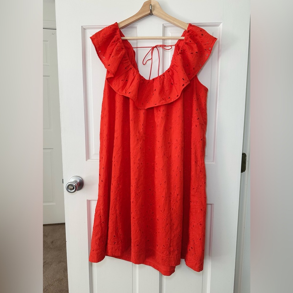 Ann Taylor Orange Eyelet Ruffle Neck Shift Dress Oversized Size L / XL - Picture 4 of 9